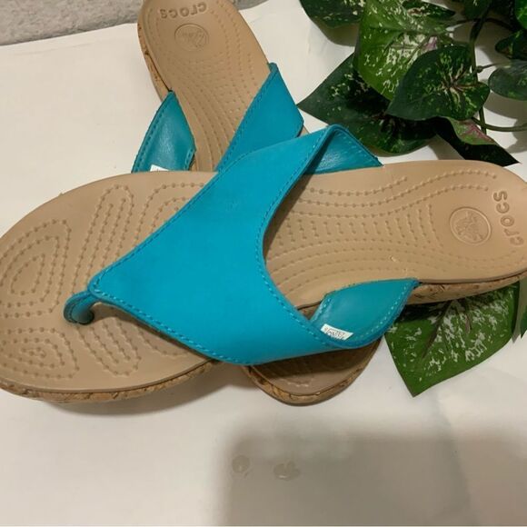 CROCS A-Leigh turquoise Thong. Cork Wedge Flip Flop Sandals Womens Size 10 - Picture 11 of 11